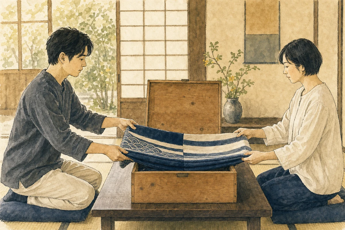 二人が共有していた藍色の布を一緒に畳み、木箱へ収める様子