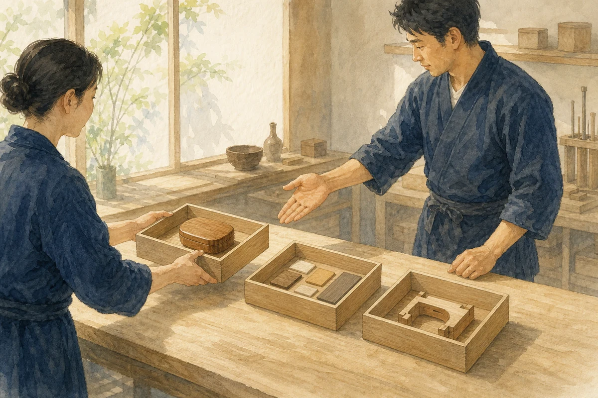 前の担当者が三つの木箱に材料を分け、次の担当者へ最初の箱を渡す様子