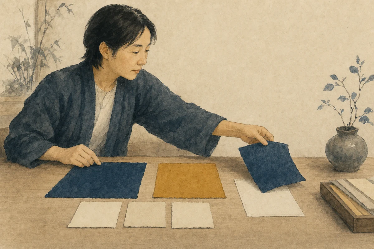 銀河の音2の比較の仕方として、人物が藍色と黄土色の二案を同じ基準カードへ当て、藍色案の試験用カードを小さな試験領域へ移している場面