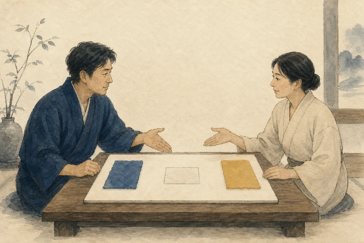 銀河の音2の人間関係として、二人が藍色と黄土色の無地マーカーを別々の領域へ置き、中央の小さな試行領域を指しながら落ち着いて話し合う場面
