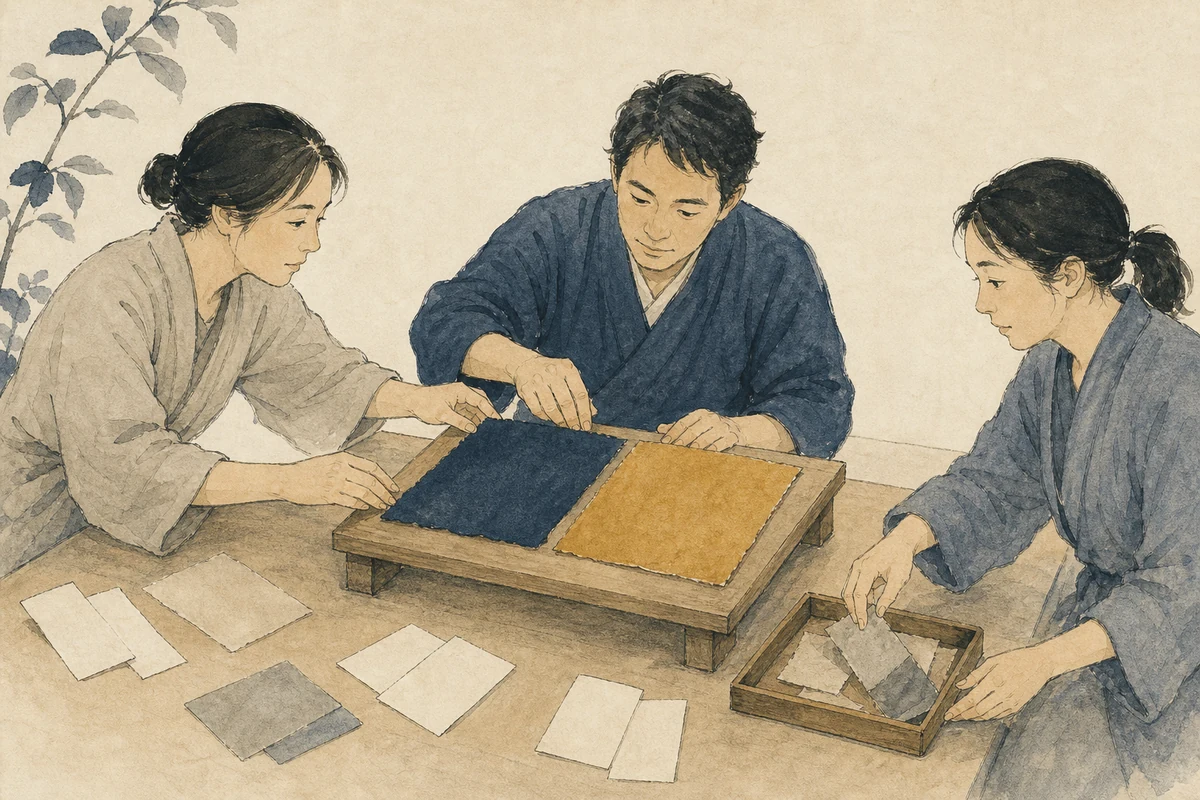 銀河の音2の実践として、チームが二つの無地試作品を小規模に試し、観察結果を見ながら一つを安定した配置へ整え、不要な部品を脇へ戻している場面