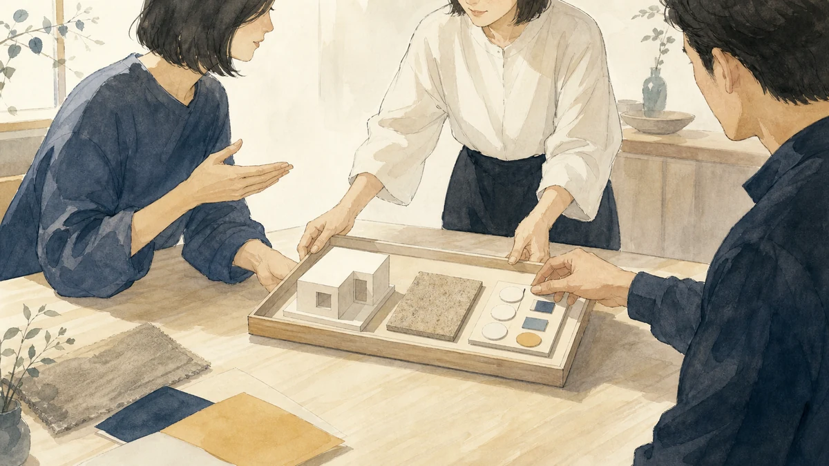 銀河の音3の協力として、三人が異なる試作物・素材・予定の役割を共有台へ集め、調整役を介さず話し始めている彩墨画