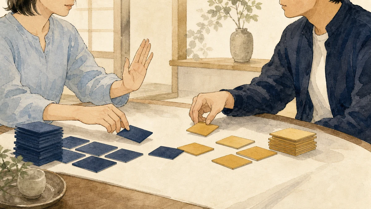 銀河の音3の人間関係として、二人が偏っていた無地の作業札を中央から分け直し、与える量と受け取る量を話し合う彩墨画