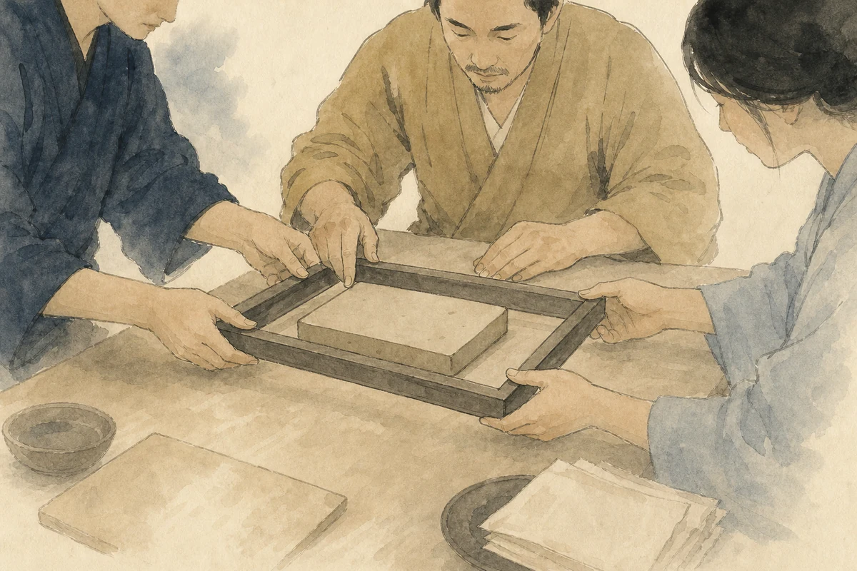 銀河の音4の性格として、三人が一つの無地の試作品を同じ簡潔な枠へ当て、使える条件を一緒に確かめている彩墨画