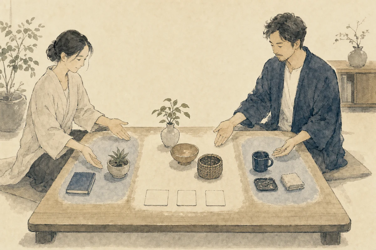 銀河の音4の人間関係として、二人が無地の予定札と生活用品を共有区域と個人区域へ穏やかに分け、境界と約束を確認している彩墨画