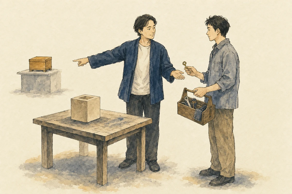 銀河の音5の性格として、一人が目的を指し示しながら、もう一人へ道具と判断権を象徴する鍵を手渡している彩墨画