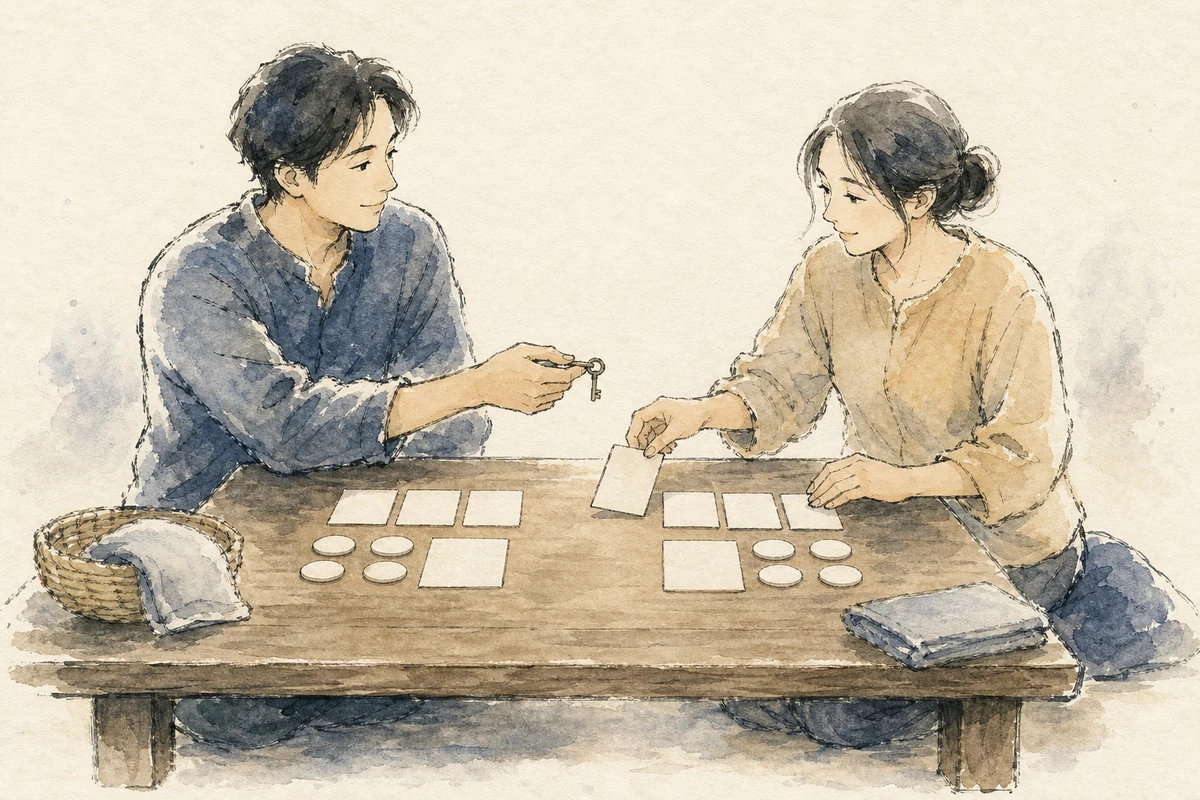 銀河の音5の人間関係として、二人が家事と予定の担当札を分け、一方がもう一方へ鍵と選択権を穏やかに手渡している彩墨画
