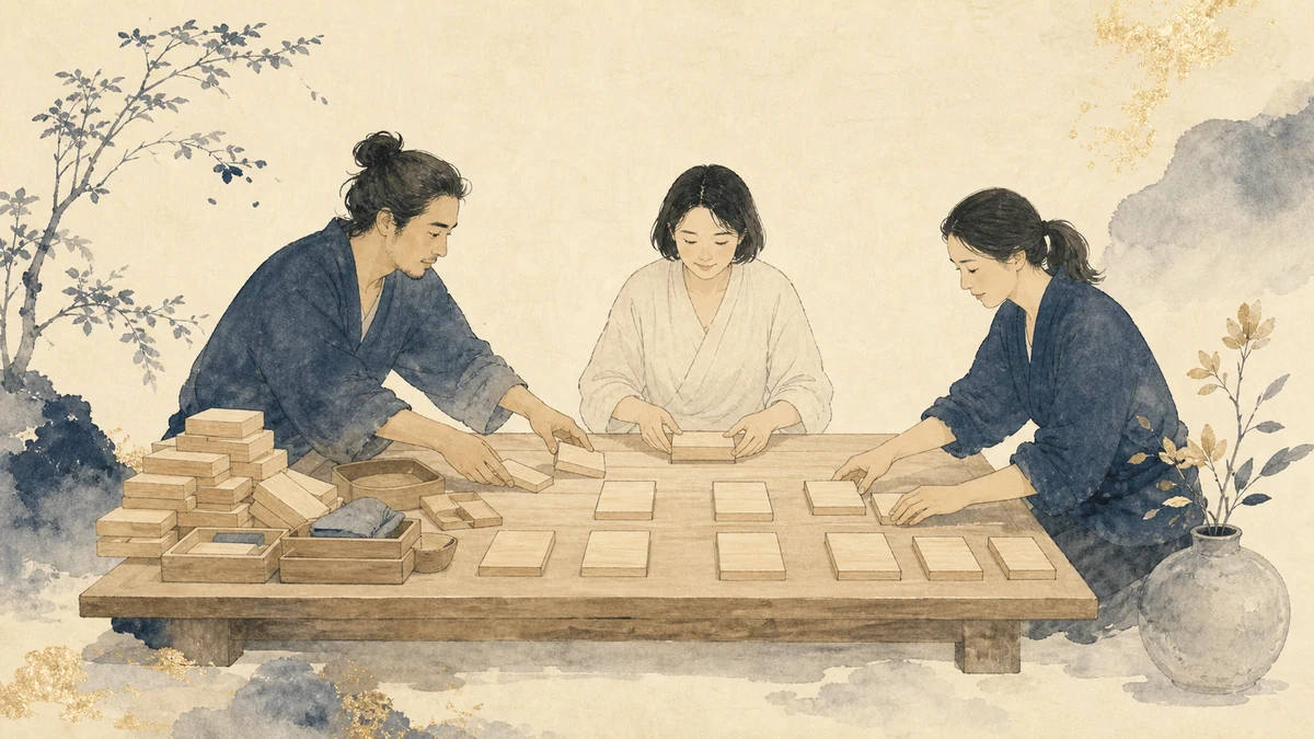 三人が偏っていた作業札を分け直し、続けやすい仕事の流れへ整える様子