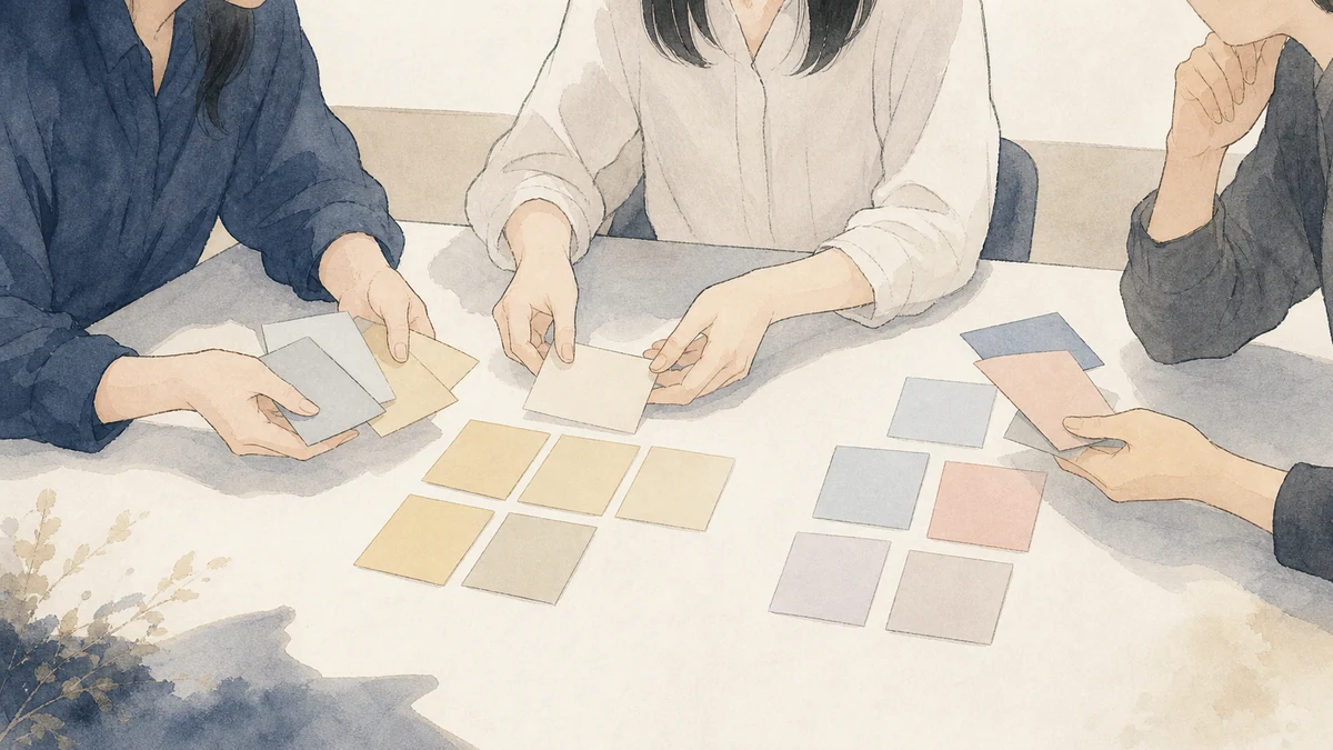 三人が異なる無地札を共通テーマと未確認の束へ分け、感覚を検討できる材料へ翻訳する様子