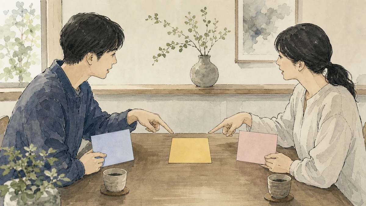 二人が自分の異なる札を持ちながら中央の共通札を指し、違いを消さずに目的を確かめる様子