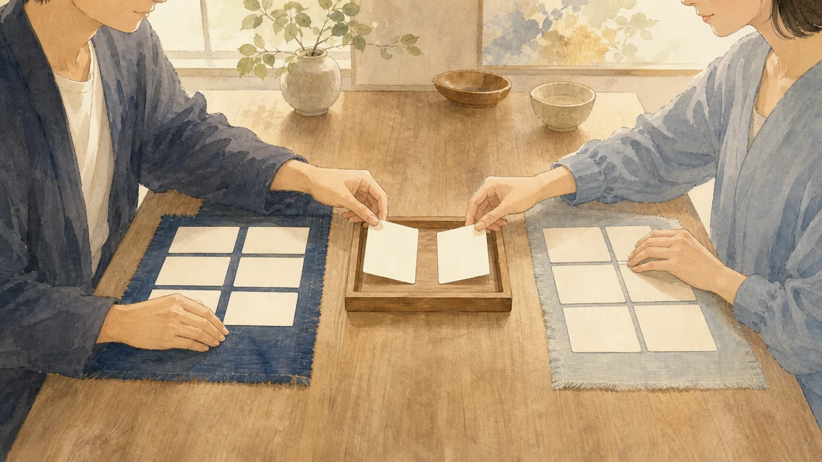 二人が別々の札を手元に残し、共通の二枚だけを中央の木枠へそろえる様子