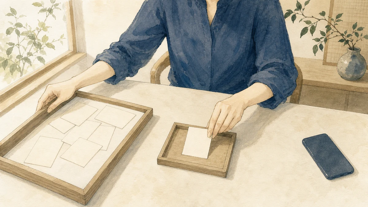 一人が大きな木枠を横へ避け、小さな木枠へ一枚だけ置いて約束を小さくする様子