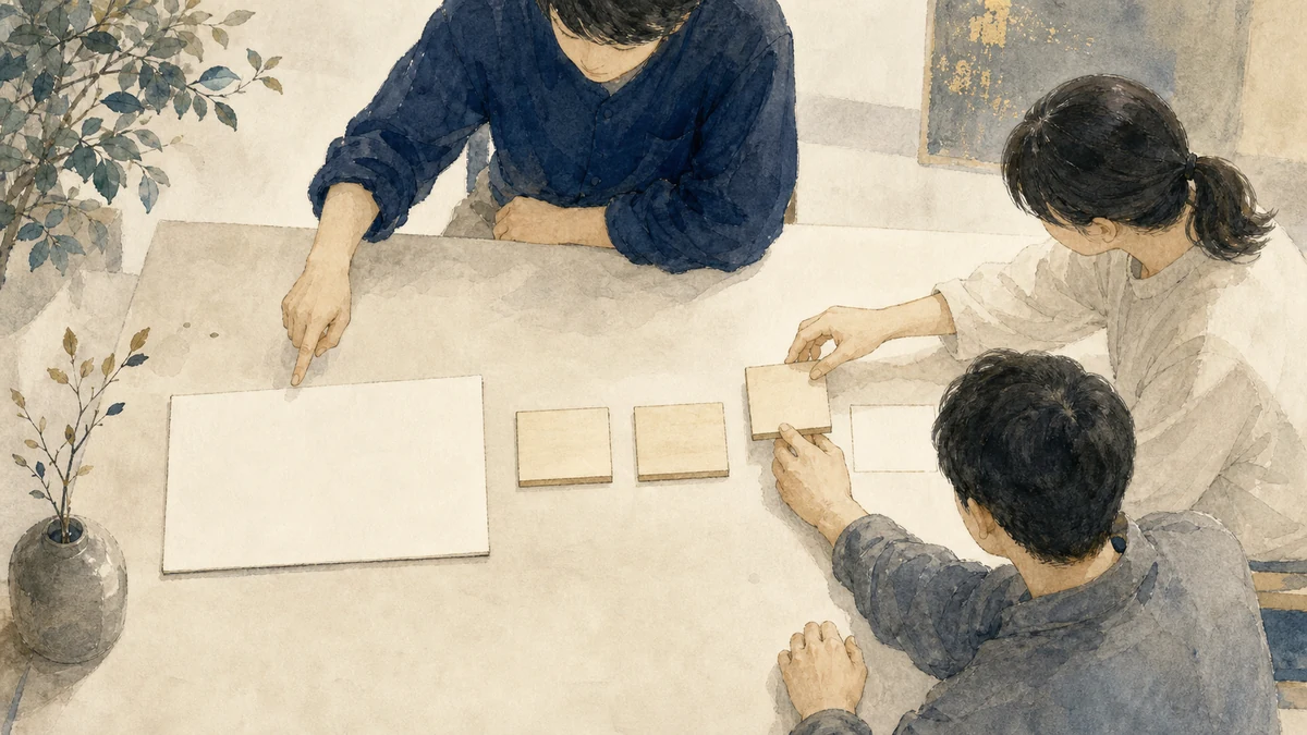 三人が一枚の目的札から三つの無地木片へ作業の順序を組み立てる様子