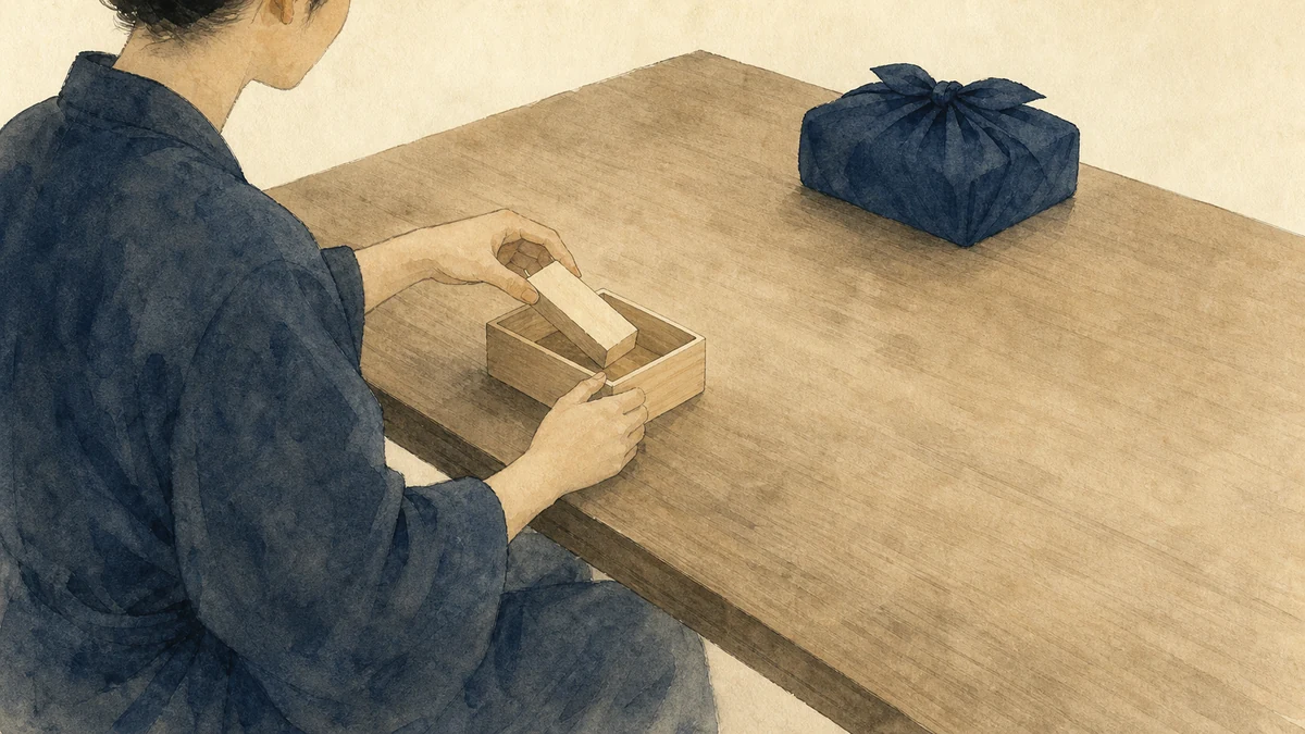 一人が使わない木片を藍色の布包みに収め、一枚だけを小箱へ入れて区切る様子