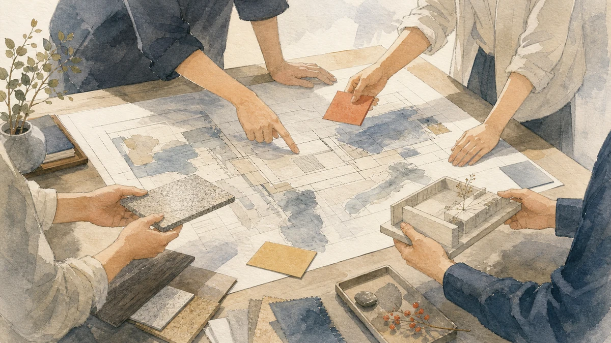 四人の制作チームが一枚の設計図を囲み、目的カード・課題メモ・担当素材を一つの実行案へまとめる場面