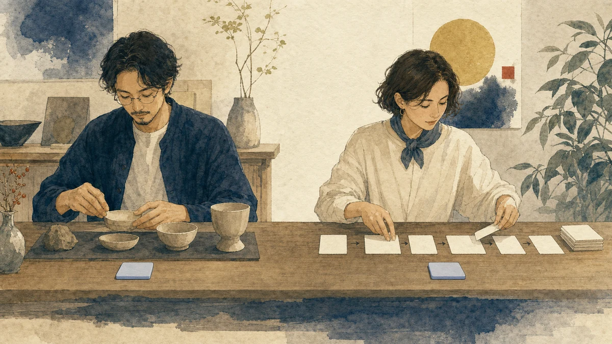 同じ色のリズム札を持つ二人が、片方は制作物の工程を整え、もう片方は対話の順序を整理している場面