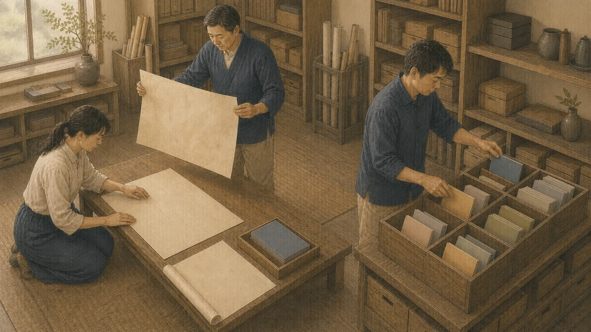 地域の記録室で三人が古い地図と新しい作業表を照合し、役割を分担している場面