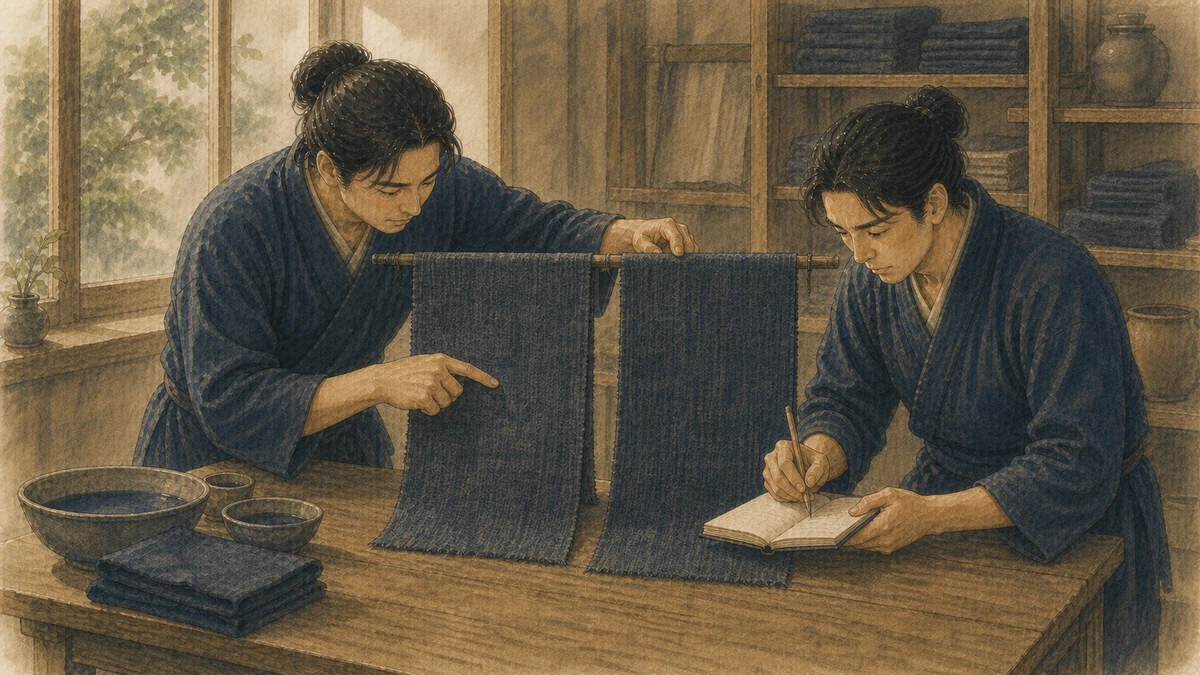 染色工房で、成人二人が窓の自然光に藍染め布二枚を並べ、片方が織り目を指し、もう片方が無地の記録帳へ観察結果を書いている