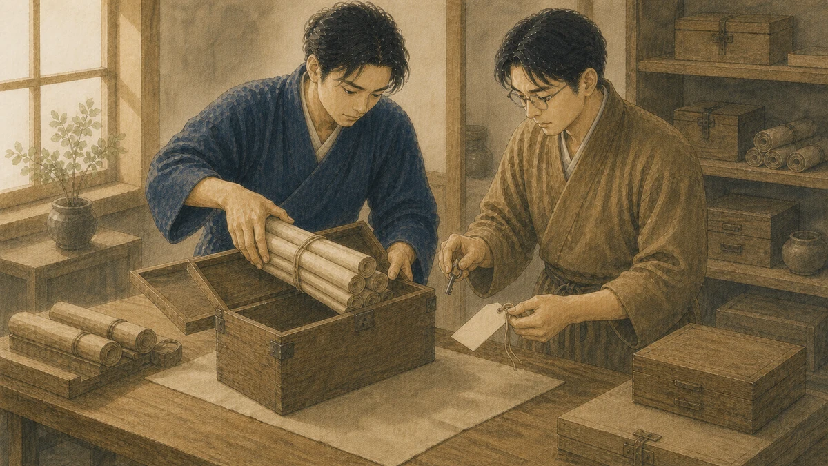 木造の資料室で、成人二人が巻物の束を木箱へ収め、一人が蓋を閉じ、もう一人が鍵と受け渡し札を確認している