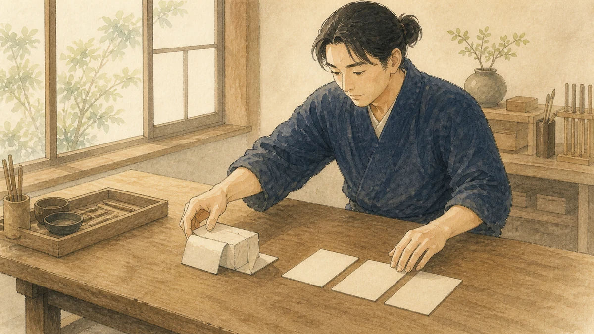 最初の紙の試作品と三つの確認カードを机上で整える人物