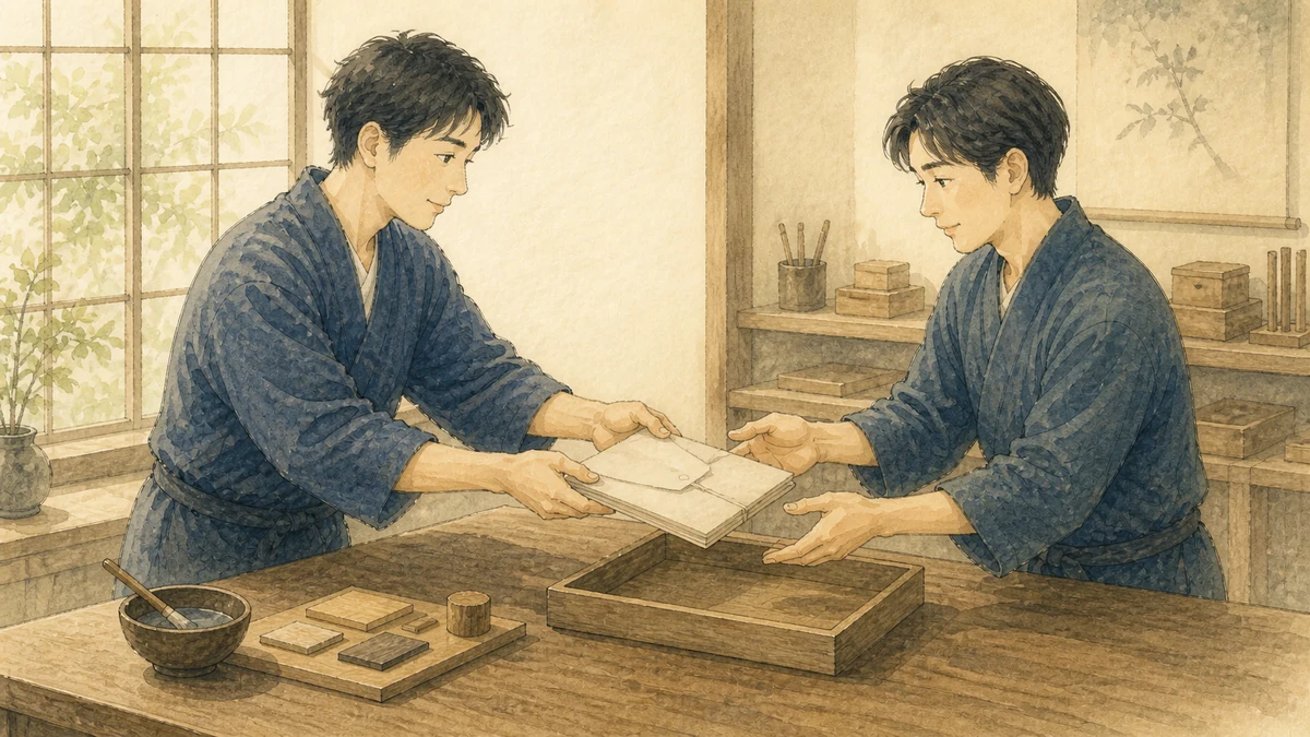 試作品フォルダーを運用担当へ手渡す二人の同僚