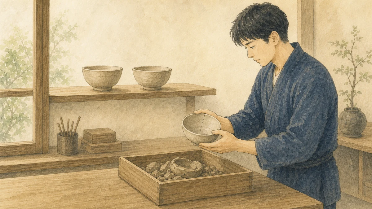 完成した器と作り直す器を選別し再利用箱へ分ける工房スタッフ