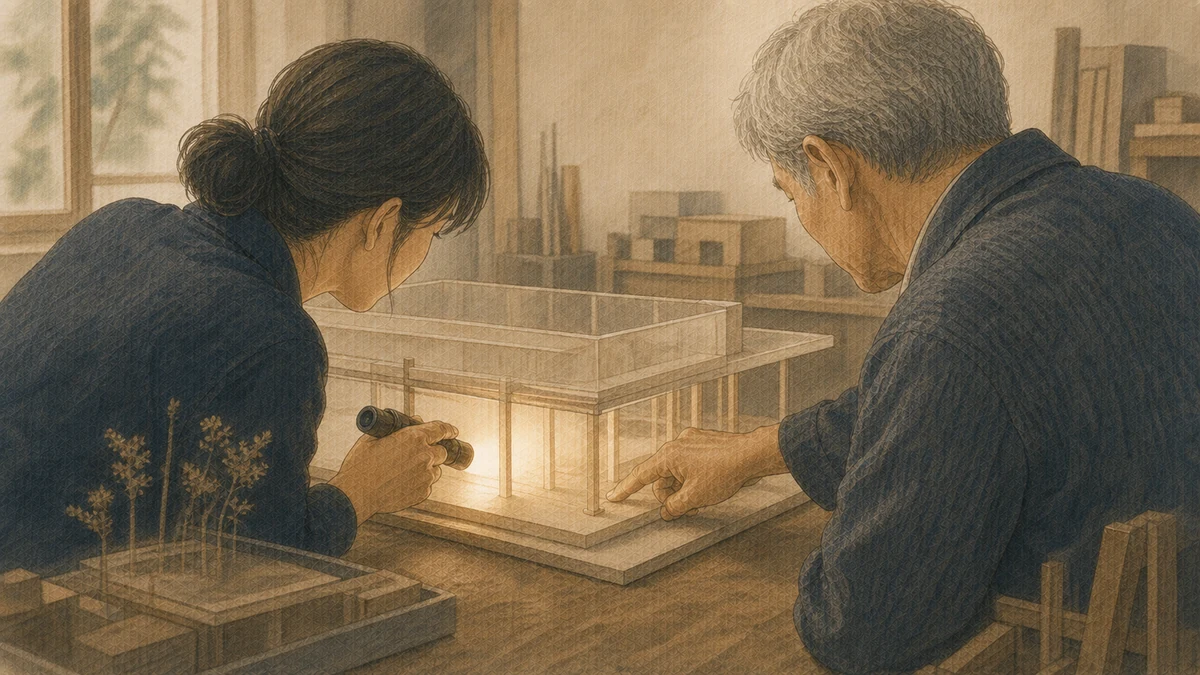 二人のプロダクト設計者が半透明の模型へ光を当て、外形ではなく内部の支え方を確認する作業場
