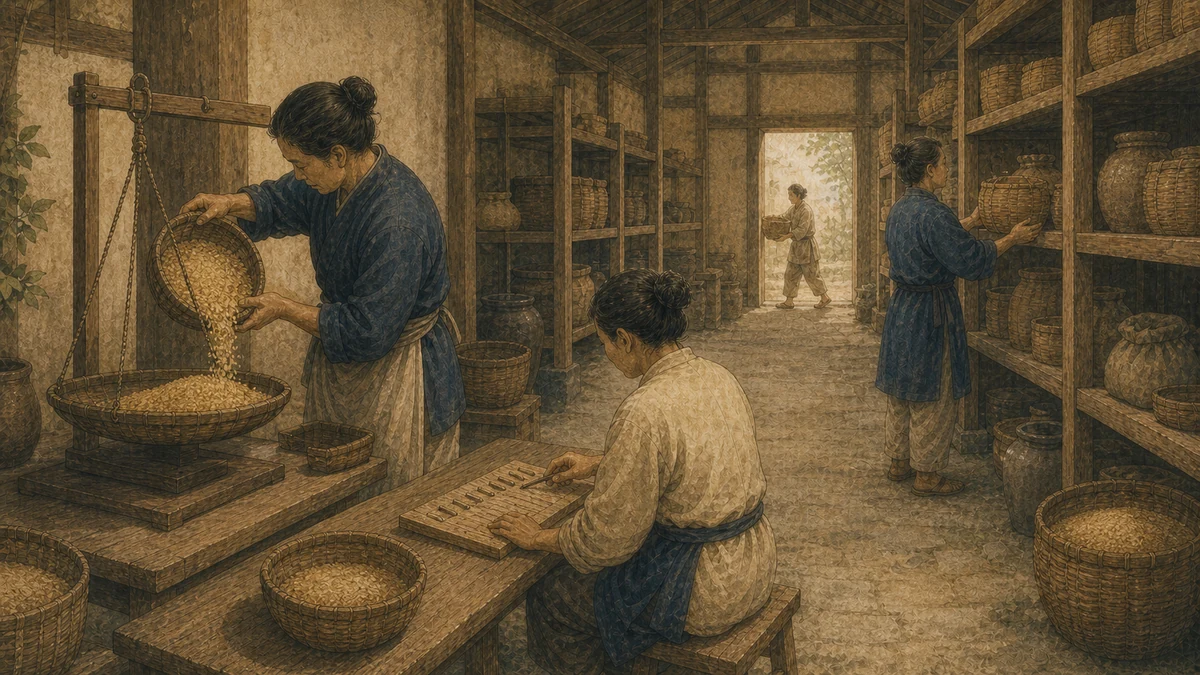 横長の共同倉庫を正面寄りの広角で見て、一人が穀物を量り、別の人が札のない記録板へ数量を書き、奥の人が荷を必要な棚へ運んでいる場面