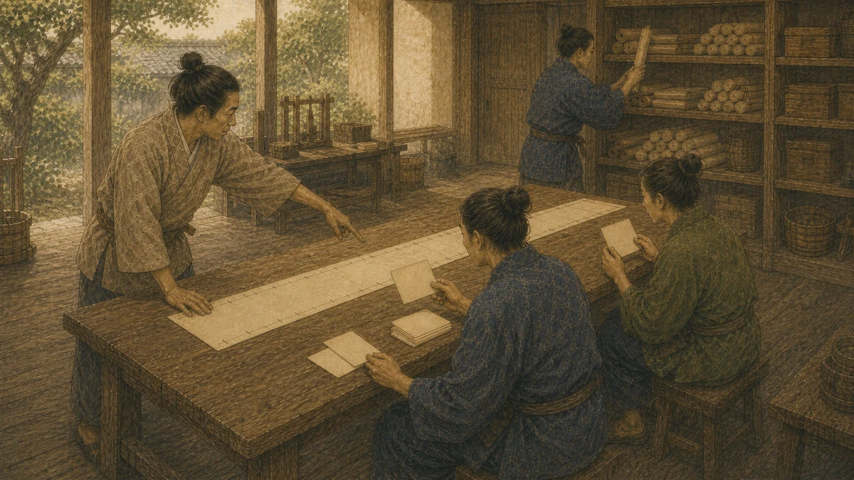 27の区画を刻んだ黄道盤を囲み、月の位置と一覧表を照合する学習者たち
