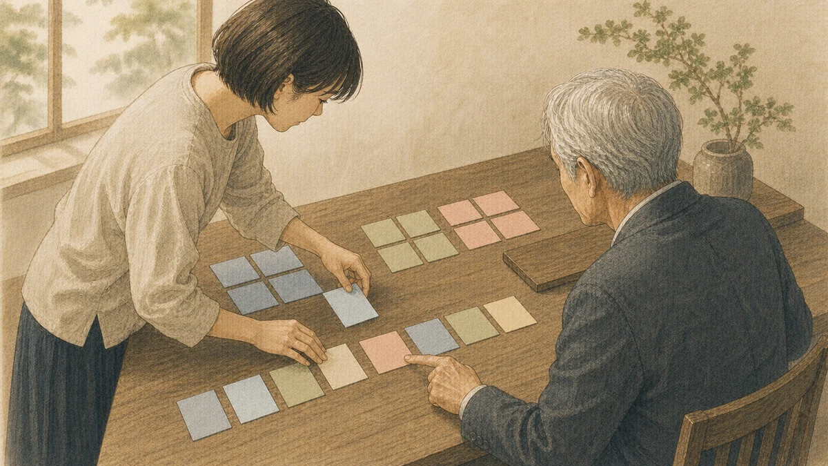 短髪の女性編集者が無地の色紙カードを理解の順へ並べ替え、白髪の男性相談者が一枚を指して確認する場面