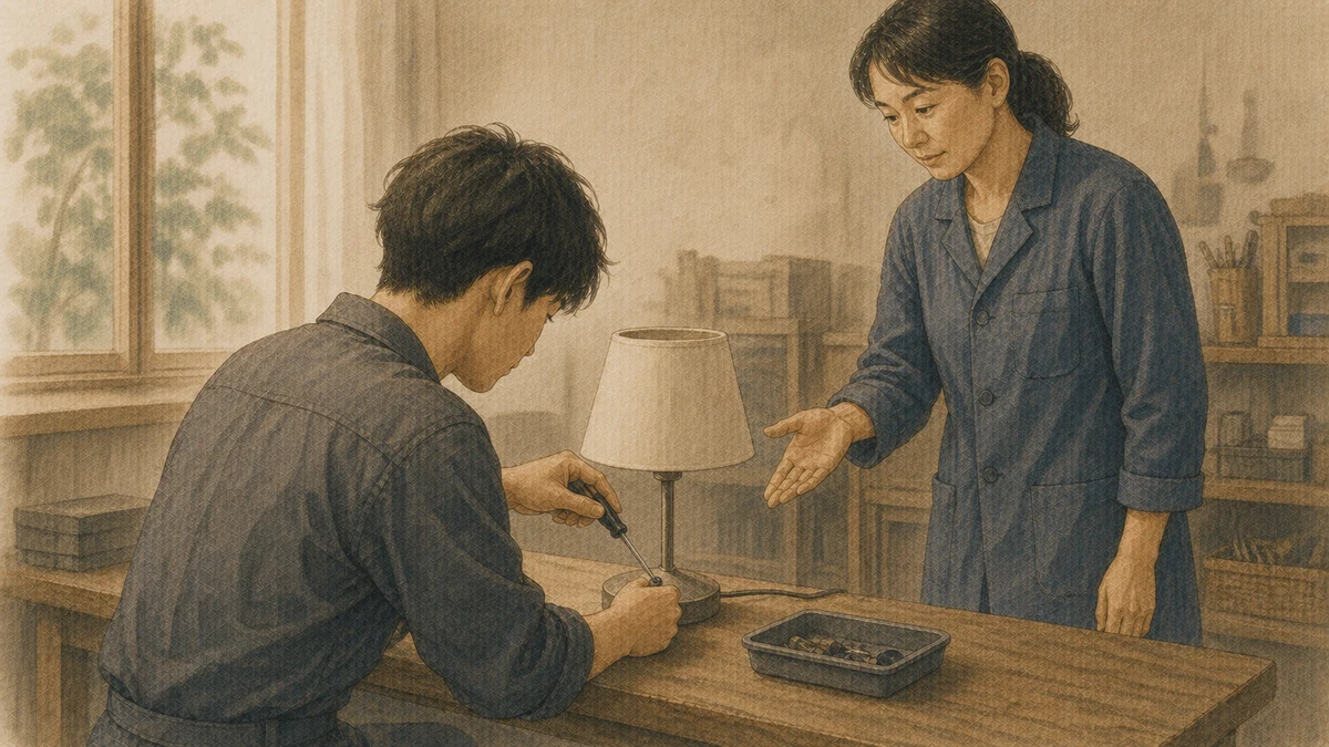 若い見習いが卓上ランプの台座を自分で締め、中年女性指導者が一歩離れて確認箇所を示す修理工房