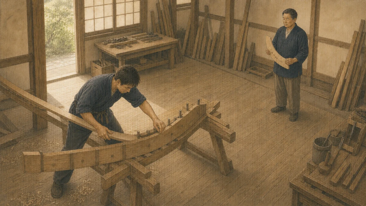 舟大工の作業場で若い職人が船板を木型へ合わせ、年長の職人が離れて見守っている場面