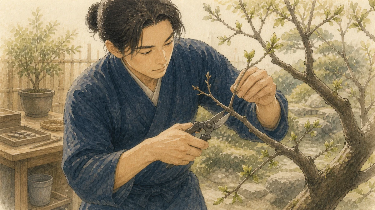 庭師が健康な芽を残し、交差した枯れ枝だけを剪定する