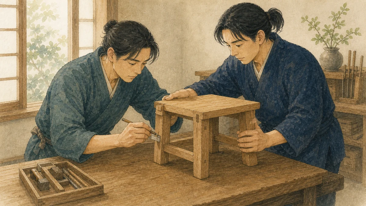 二人の職人が木の椅子の接合部を測り、直す位置を一緒に確認する