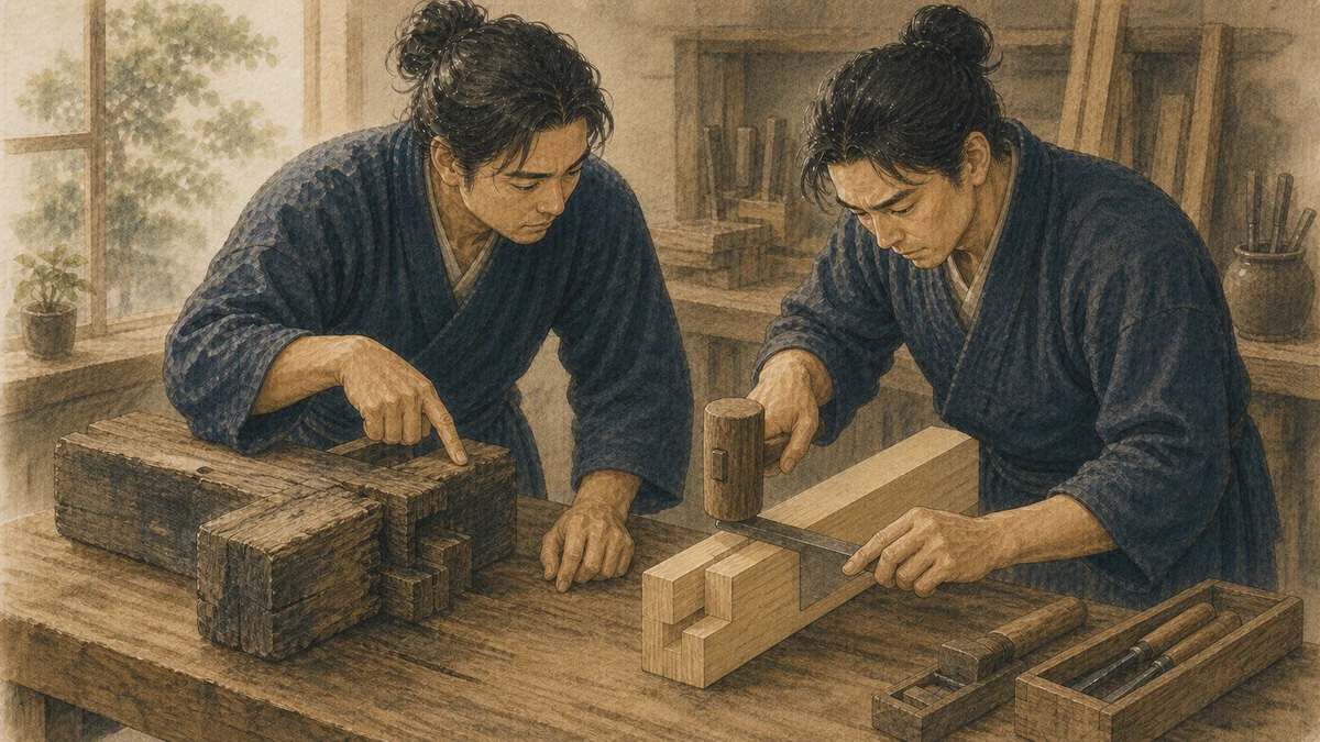木工房で成人二人が古い継手見本と新しい木材を同じ机に置き、一人が元の構造を示し、もう一人が現在の用途に合わせた継ぎ方を試している