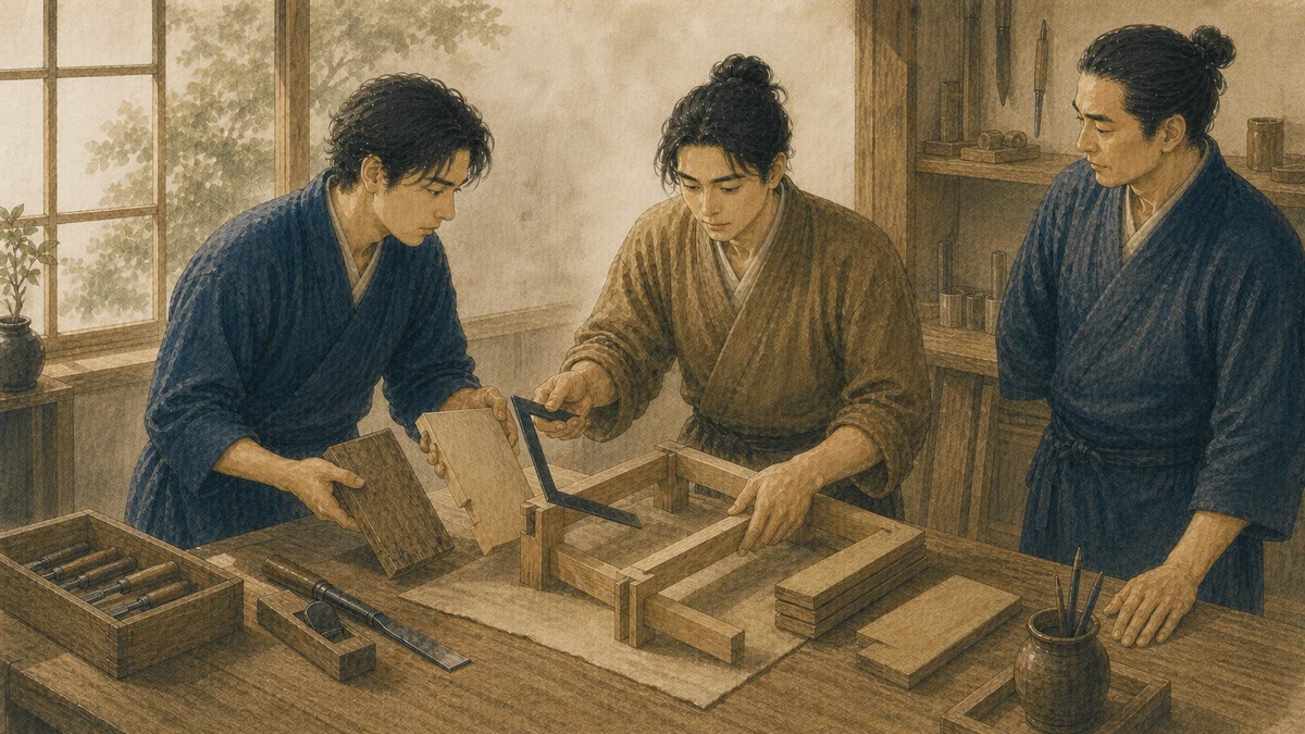 木造の共同工房で成人の責任者が若い担当者へ指矩を手渡し、担当者が組み立て中の木枠を確認する横で、別の仲間が見本と材料を照合している
