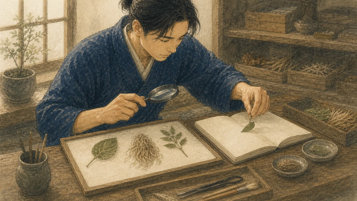3つの植物標本を拡大鏡で比べ、該当する1点を白紙の記録帳の横へ移す研究者