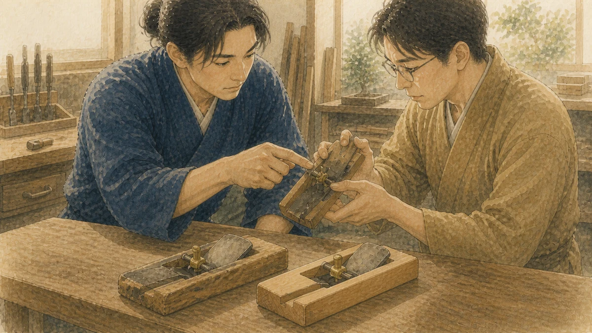 木工職人が道具の可動部を説明し、研究者が接合部を試しながら新旧2つの試作品を比べる作業場