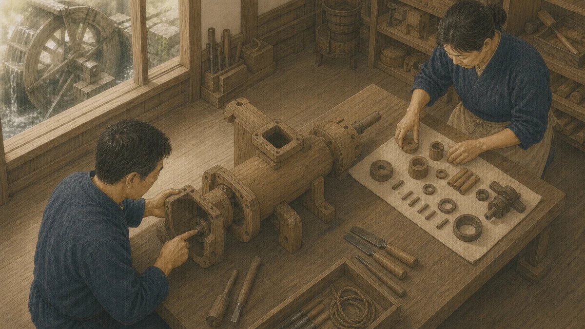 古い水車小屋の作業台で二人が木製ポンプを分解し、外した部品を順に並べて摩耗箇所を確かめている場面