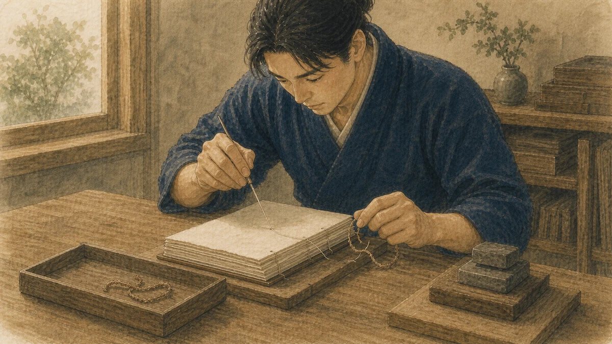 和綴じ職人が傷んでいない頁を揃えたまま古い糸だけを外し、同じ綴じ穴へ新しい糸を通している工房