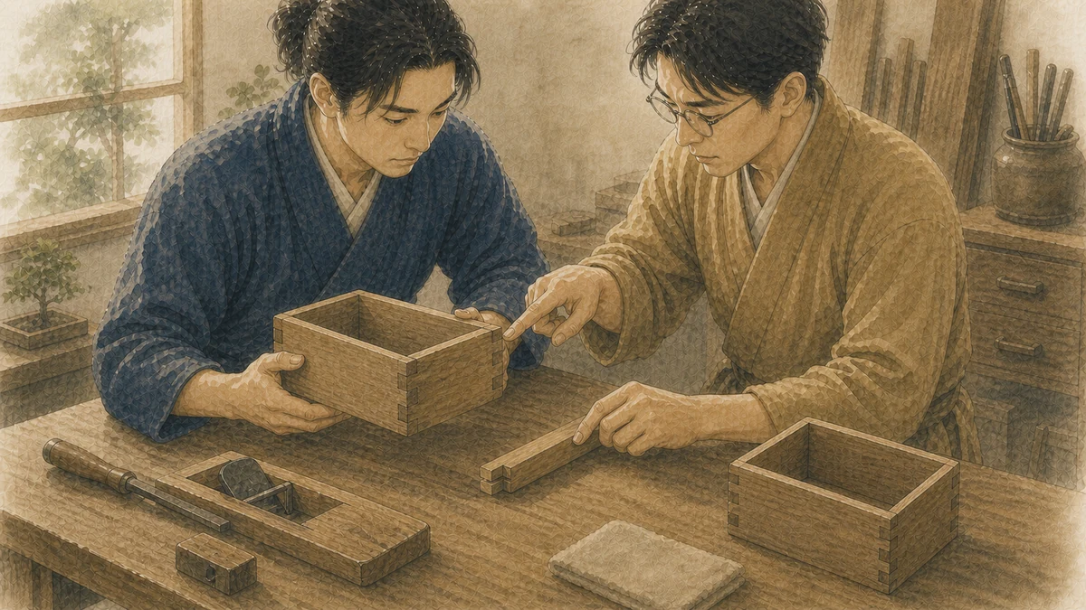 木工の二人が形の整った箱の土台を残し、合わなかった角の継ぎ手と切り直した部材を指して次の試し方を相談している工房