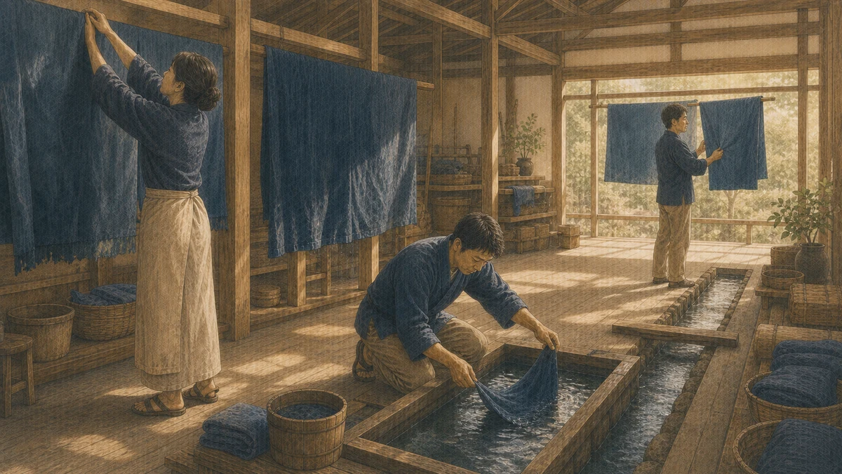 共同染色工房で三人が異なる姿勢から藍染め布を干し、洗い直し、色を確かめている風景