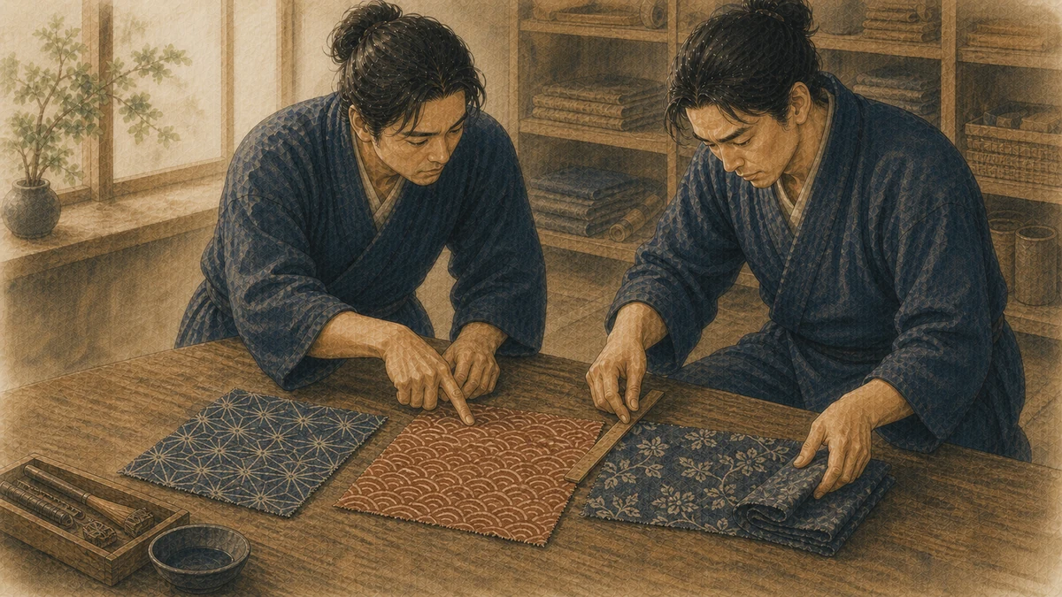日光の下で三つの染め見本から一つを選び、選んだ反復模様を木の定規で整える二人の染色職人