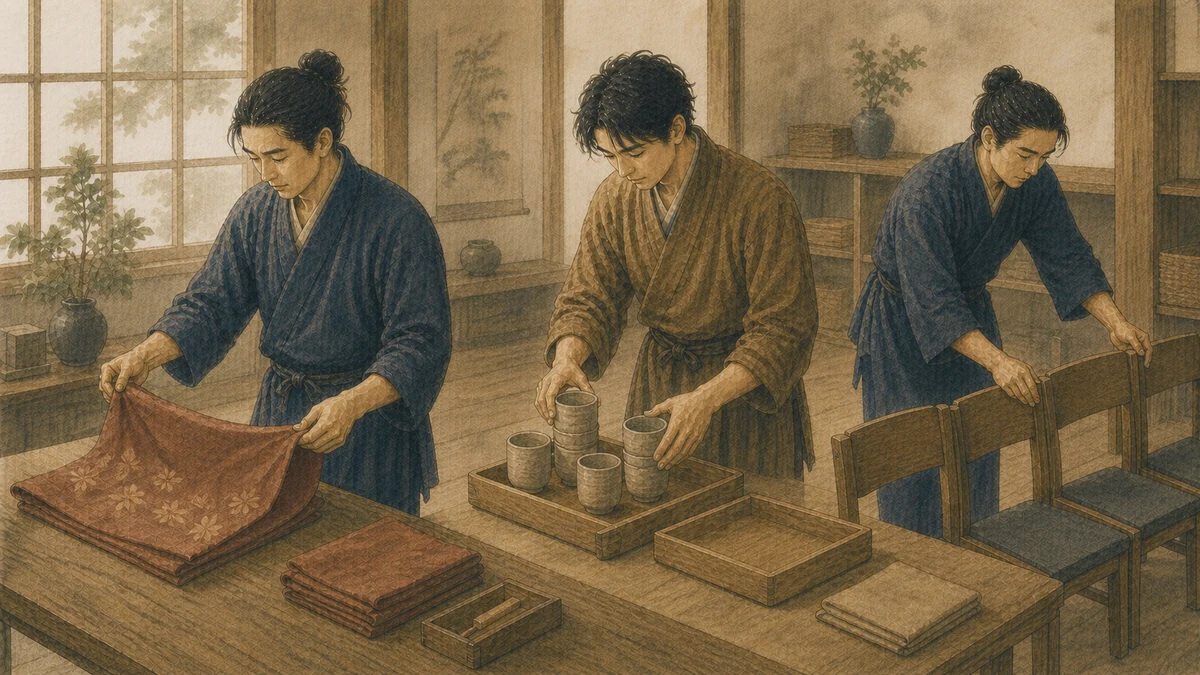 小さな創作会の後、装飾布を畳む人、再利用カップを運搬盆へ重ねる人、椅子を確認する人が片づけを分担する中庭