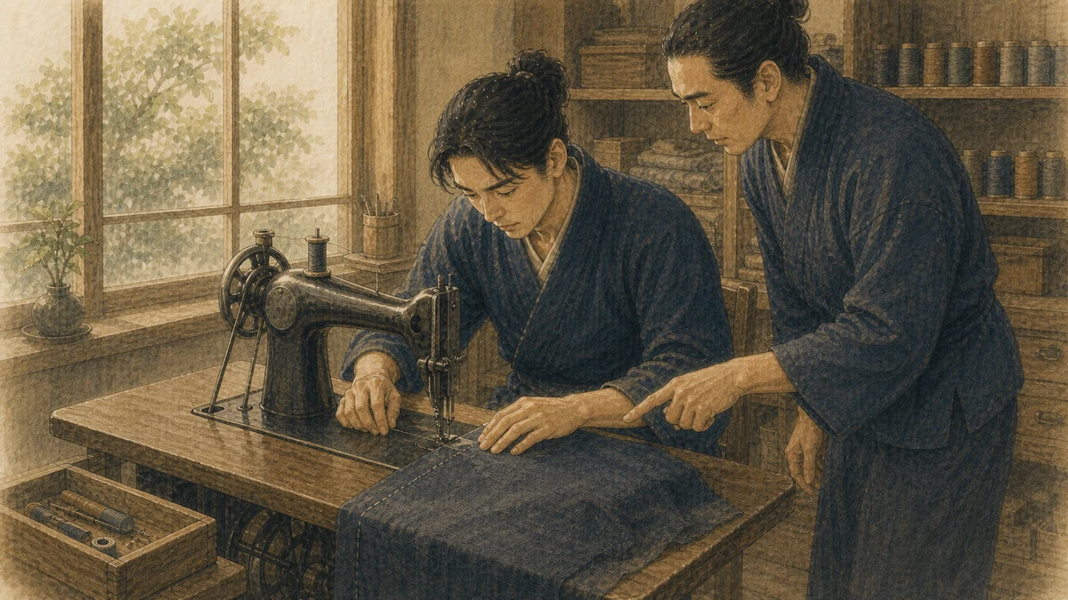 縫製工房で、若い成人が足踏み式ミシンを操作し、隣の指導者が布の縫い目ガイドを指し示しながら手を出さずに見守っている
