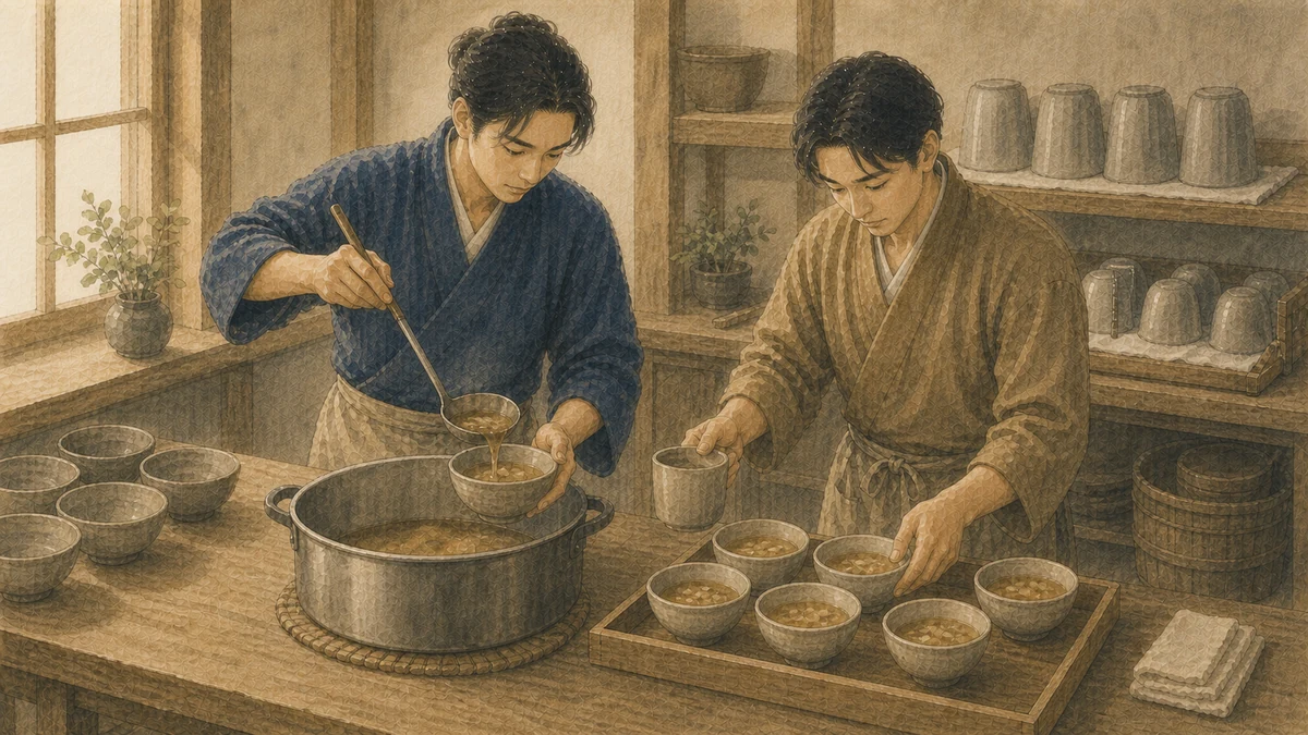 共同調理場で、成人二人が大鍋のスープを計量カップと同じ大きさの器へ分け、奥に次の担当者が使える整った道具一式が並んでいる