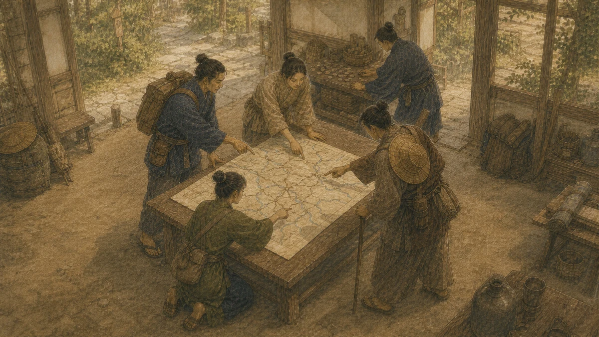 案内所で地図を広げた複数の旅人が、指差しでそれぞれの次の経路を確認している場面