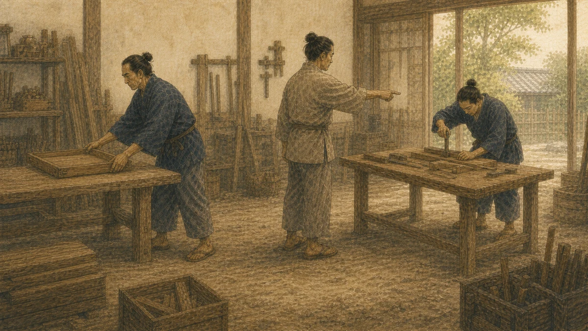 引き継ぎの場で前任者が資料箱を渡し、受け取った人が最初の手順を実演して確認している場面