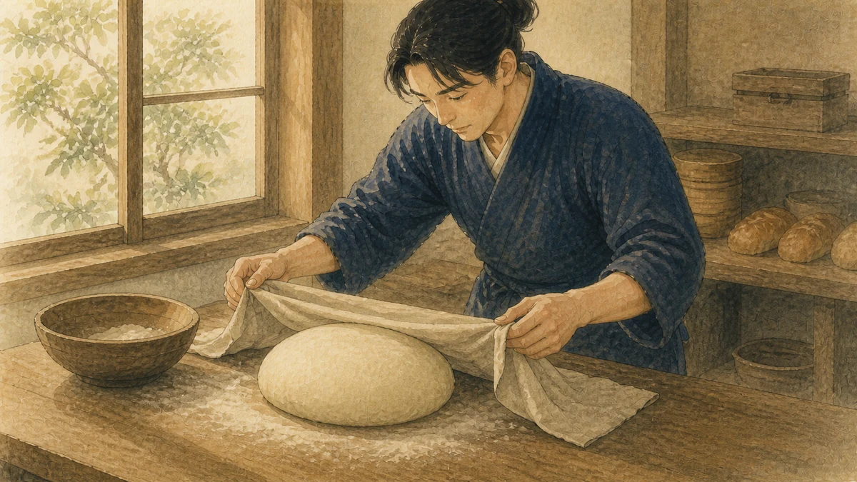 発酵の時間を見ながらパン生地をそっと整える職人
