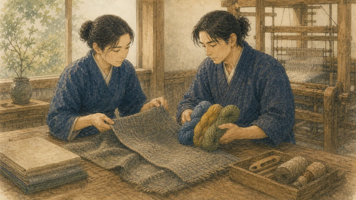 二人の織物職人が布の色と手触りを確かめ、使う糸を一緒に選ぶ